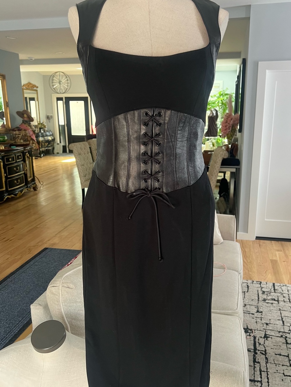 bebe Black Dress with Real Leather Lace-Up Corset